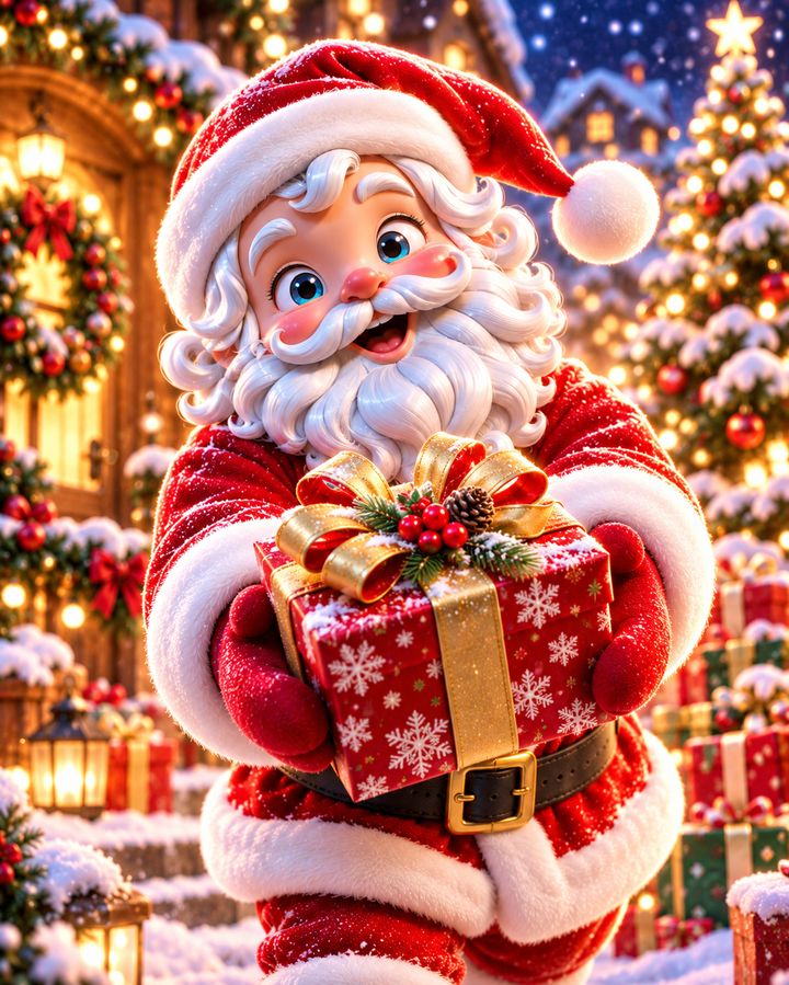 Santa holding a wrapped present