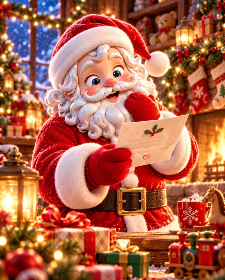 Santa reading a letter by the fire