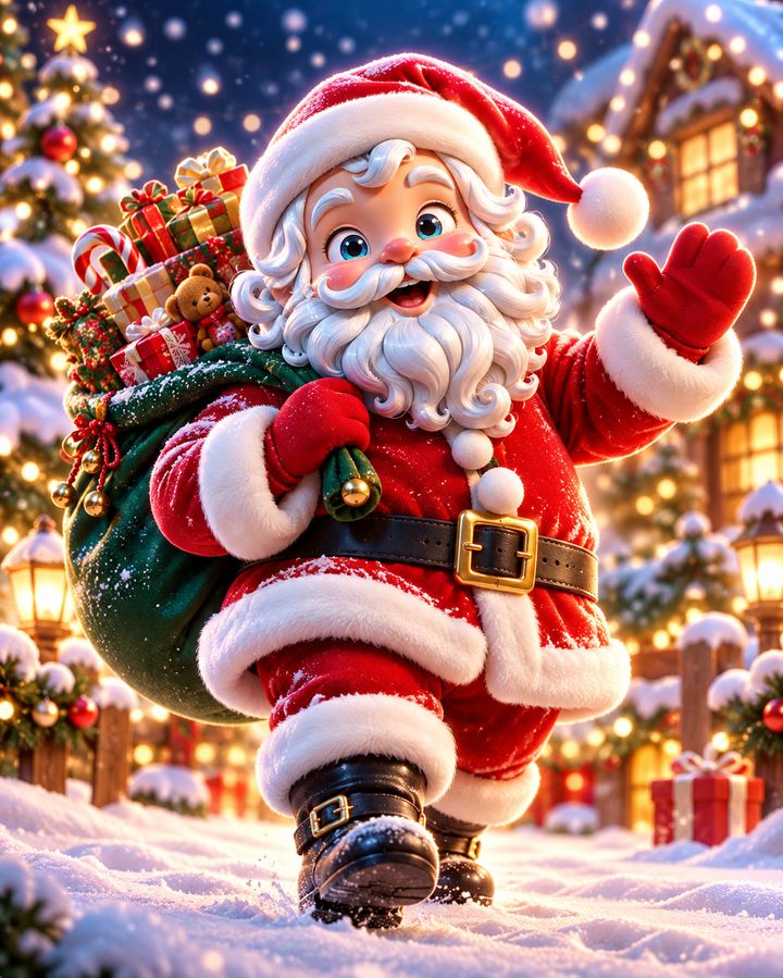 Santa waving in the snow with his bag of presents