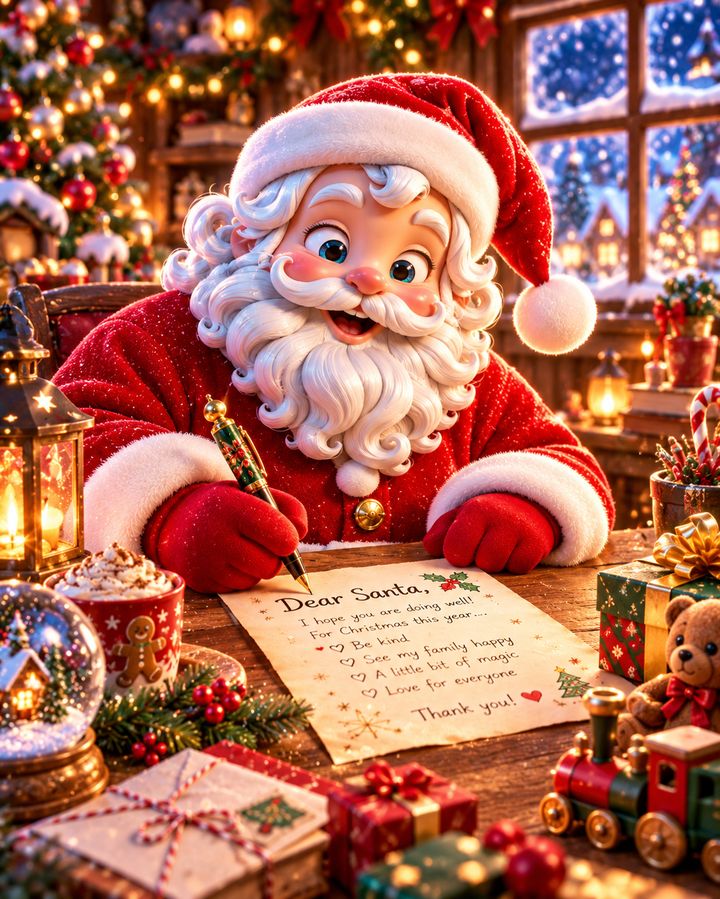 Santa writing a letter at his desk